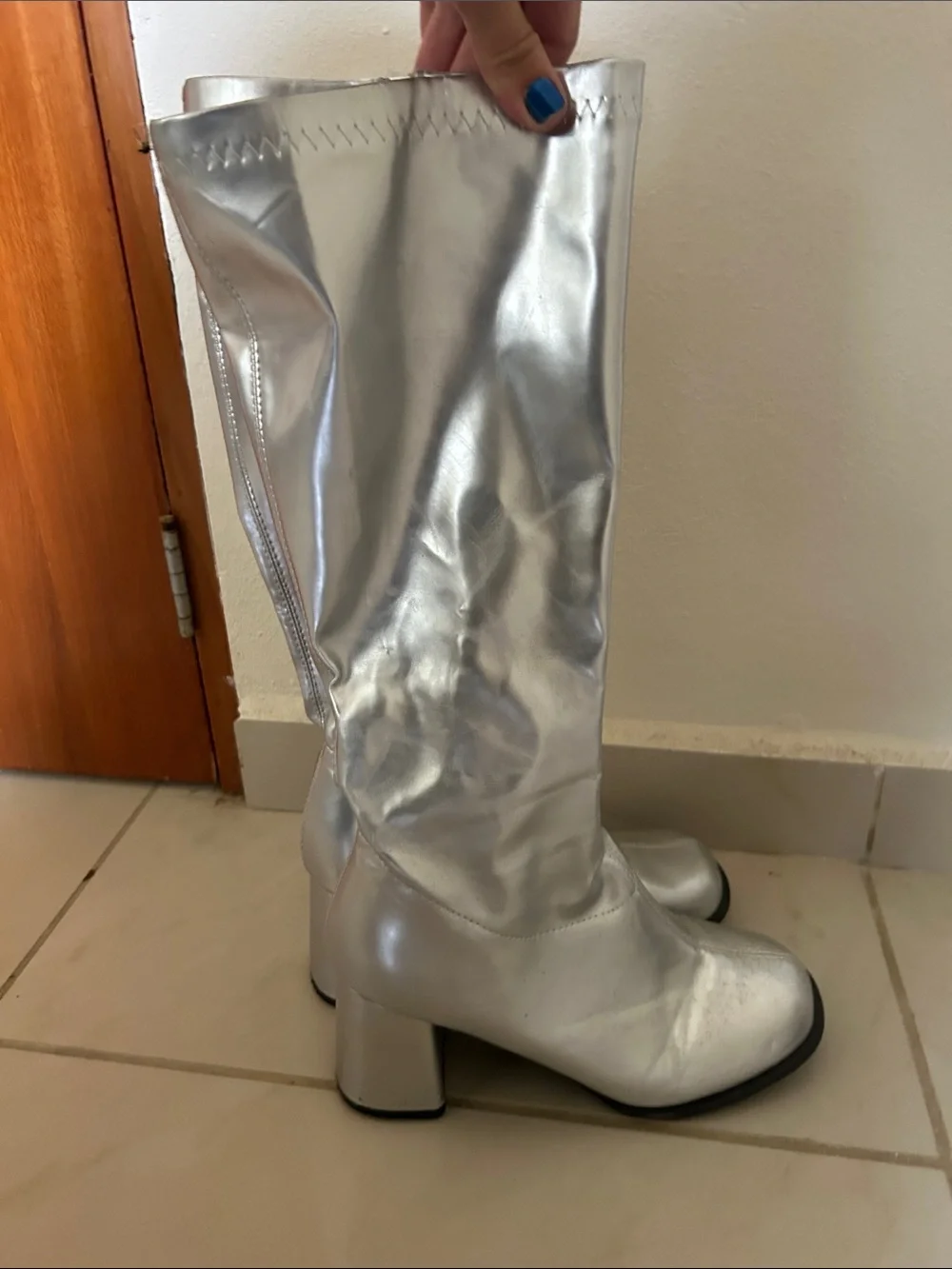Yandy Metallic Silver Over-the-Knee Block Heel Boots